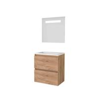 Basic-Line Economic 39 Badkamermeubelset - Ondiep - 60 x 39 cm - Greeploos - 2 Lades - Acryl Wastafel - Zonder Kraangat - Spiegel met LED Verlichting - Whisky Oak