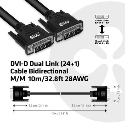 CLUB3D DVI-D DUAL LINK (24+1) CABLE BI DIRECTIONAL M/M 10m 32.8 ft 28AWG Zwart