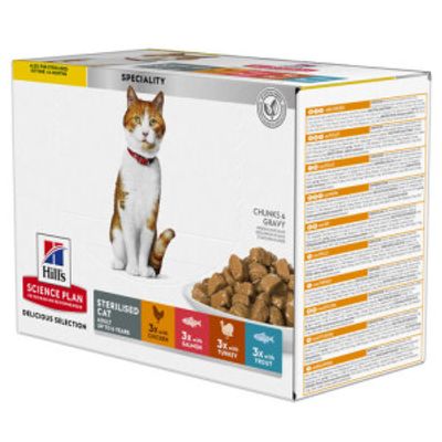 Hill&apos;s Adult Sterilised Cat nat kattenvoer met kip, zalm, forel, kalkoen maaltijdzakje combipack 1 doos (12 x 85 g)