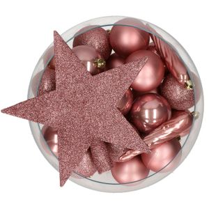 Bellatio Decorations set 33x stuks kunststof kerstballen met ster piek oud roze