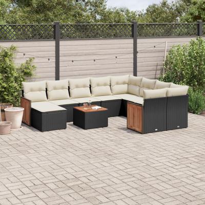 11-delige Loungeset met kussens poly rattan zwart