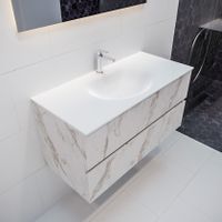 Mondiaz Vica Moon badmeubel wit carrara mat 100 cm 2 lades solid surface enkele spoelbak midden 1 kraangat