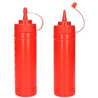 PlasticForte Doseerfles/sausfles - 2x stuks - kunststof - rood - met schenktuit - 500 ml - 23 cm - Maatbekers - thumbnail