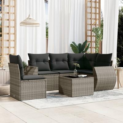 6-delige Loungeset met kussens poly rattan grijs