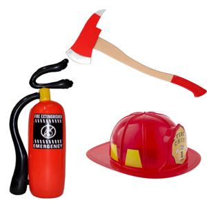 Brandweerman verkleed set - 3 delig - voor volwassenen - helm - bijl - brandblusser