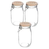 Weckpot/voorraadpot - 3x stuks - 1,5L - glas - houten deksel en beugelsluiting - luchtdichte afsluit