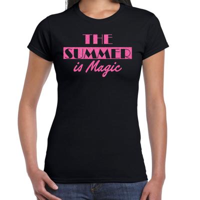 Toppers verkleed T-shirt dames - The summer is Magic - zwart - glitter roze - feestkleding