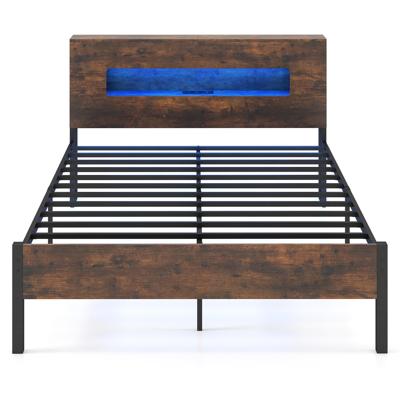 Bedframe met Ledverlichting Platformbed in Industriële Stijl met Opbergbaar Hoofdeinde en Stopcontacten