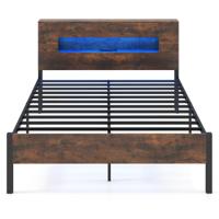 Bedframe met Ledverlichting Platformbed in Industriële Stijl met Opbergbaar Hoofdeinde en Stopcontacten