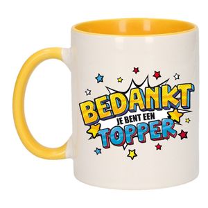 Bedankt topper cadeau mok / beker wit en geel 300 ml