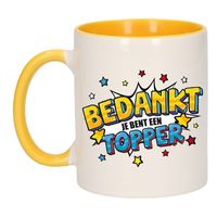 Bedankt topper cadeau mok / beker wit en geel 300 ml