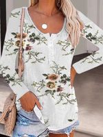 Casual Bloemen Lang Mouw Ronde Nek Plus Maat Gedrukt T-shirts - thumbnail