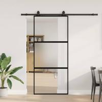 Schuifdeur met beslagset 90x205 cm gehard glas zwart