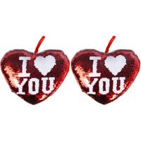Sierkussen hartje - 2x - 20 cm - rood pailletten - i love you - valentijnsdag