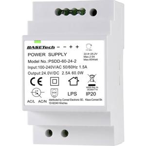 Basetech PSDD-60-24-2 DIN-rail netvoeding 24 V 2.5 A 60 W Aantal uitgangen: 2 x Inhoud: 1 stuk(s)