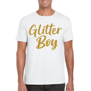 Verkleed T-shirt voor heren - glitter boy - wit - goud glitter - carnaval/themafeest