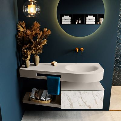 MONDIAZ RIVA 120cm badmeubel onderkast / planchet kleur carrara met 1 lade. Wastafel DULCET rechts 0 kraangaten kleur Linen. MONDIAZ RIVA 120cm badmeubel onderkast / planchet kleur carrara met 1 lade. Wastafel DULCET rechts 0 kraangaten kleur Linen.