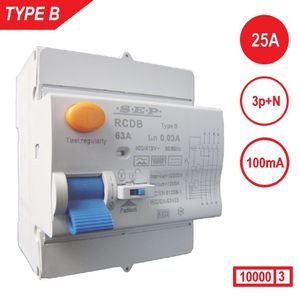 Aardlekschakelaar 3p+N 25A 100mA Type B 10 kA SEP RCD-B4125 voor zonnepanelen en laadpalen