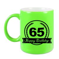 Happy Birthday 65 years cadeau mok / beker neon groen met wimpel 330 ml Happy Birthday 65 years cadeau mok / beker neon groen met wimpel 330 ml