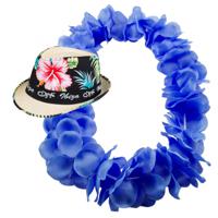 Hawaii thema party verkleedset - Trilby strohoedje - bloemenkrans knal blauw - Tropical toppers - thumbnail