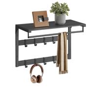 Wandkapstok met plank en 10 afneembare haken, Antracietgrijs + Zwart / 30 x 65 x 42 cm