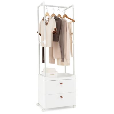 Kledingrek met 2 Laden Kledingopberger met Vergrendelbare Wielen Vrijstaande Commode Hangroede 4 Afneembare Haken Wit