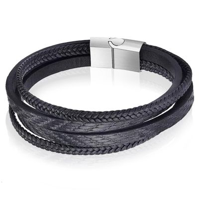 Leren armband Mendes heren Edelstaal Multi Zwart-22cm
