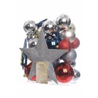 Decoris kerstballen set - 34-dlg - zilver/rood/blauw - incl. piek - kunststof - kerstversiering