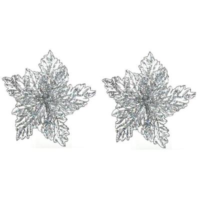 Decoris kerstboomversiering - 2x - glitter bloem - 23 cm - zilver - op clip - kerstbloem