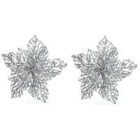 Decoris kerstboomversiering - 2x - glitter bloem - 23 cm - zilver - op clip - kerstbloem