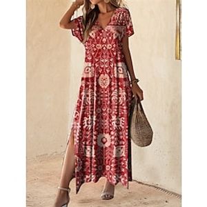 Dames Vintage Jurk Casual jurk Tribal Splitsen Afdrukken V-hals Lange jurk maxi-jurk Vintage Etnisch Vakantie Korte mouw Zomer Lightinthebox