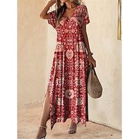 Dames Vintage Jurk Casual jurk Tribal Splitsen Afdrukken V-hals Lange jurk maxi-jurk Vintage Etnisch Vakantie Korte mouw Zomer Lightinthebox - thumbnail