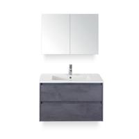 Porto Badmeubelset 90 cm - Beton Antraciet - Keramische Wastafel Wit Slim - met Spiegelkast
