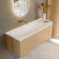 Mondiaz KURVE-DLUX 125 cm Onderkast Greeploos 1 Lade Met Deuren Oak, Wastafel Solid Surface Links Ostra 0 Kraangaten Zonder Spiegel (KRVBGM125R1L1D0KL-Oak/Ost)