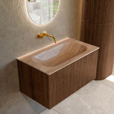 Badmeubel Mondiaz Kurve-Dlux | 80 cm | Meubelkleur Walnut | Wastafelkleur Saba | Solid surface | Wasbak midden spoelbak | Zonder kraangat(en)