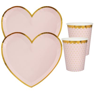 Feest wegwerp servies set - hartje - 20x bordjes / 20x bekers - roze/goud
