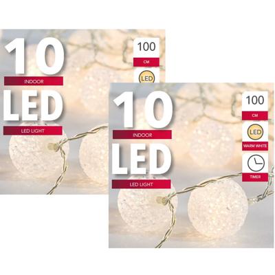 Lichtsnoer - 2x - met 10 witte bolletjes - warm wit - op batterij - met timer - 135 cm - Kerstverlic
