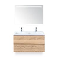 Vogue Badmeubelset 100 cm - Greeplijst in kleur - Grey Oak - Keramische Wastafel Wit 2 kraangaten - met Sence Spiegel