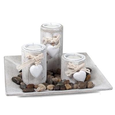 Gerimport Kaarsenbord-plateau - 3 kaarsenhouders - hout - deco stenen - 23x23 cm Gerimport Kaarsenbord-plateau - 3 kaarsenhouders - hout - deco stenen - 23x23 cm