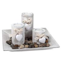 Gerimport Kaarsenbord-plateau - 3 kaarsenhouders - hout - deco stenen - 23x23 cm