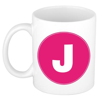 Koffie mok met de letter J - beker - roze - eerste letter van een voornaam - wit - 300 ml