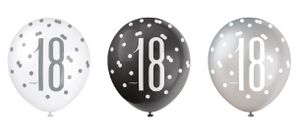 Ballonnen 18 Jaar Zwart En Zilver Glitz (6st)