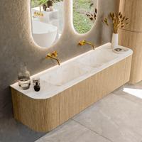 Mondiaz KURVE-DLUX 170 cm Onderkast Greeploos 1 Lade Met Deuren Oak, Wastafel Solid Surface Dubbel Frappe 0 Kraangaten Zonder Spiegel (KRVLEA170L+R1L2D0KD-Oak/Fra)