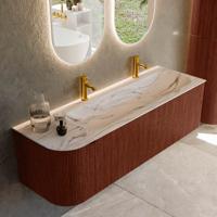 Badmeubel Mondiaz Kurve-Dlux | 145 cm | Meubelkleur Ruby | Wastafelkleur Nata | Solid surface | Wasbak rechter zijde spoelbak | 2 kraangaten