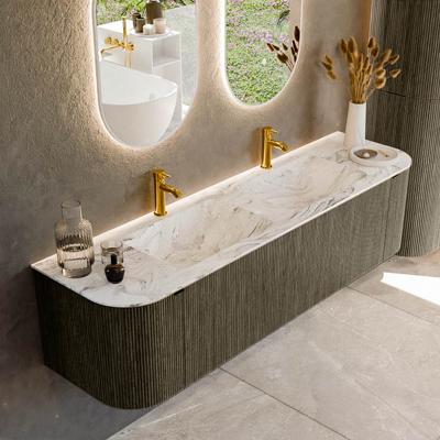 Badmeubel Mondiaz Kurve-Dlux | 170 cm cm | Meubelkleur Shadow | Wastafelkleur Glace | Solid surface | Wasbak beiden zijden spoelbak | 2 kraangaten