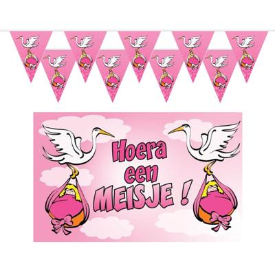 Geboorte baby meisje thema versiering - 3 artikelen - roze - binnen - slingers - vlag