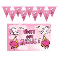 Geboorte baby meisje thema versiering - 3 artikelen - roze - binnen - slingers - vlag