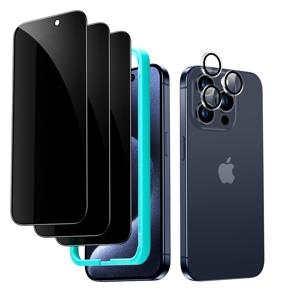 iPhone 15 Pro Tempered-Glass Privacy Screen Protector Set 3 Screen Protectors + 1 Set of Lens Protectors