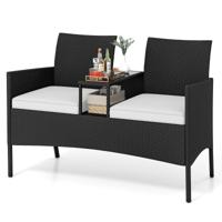Rieten Patio Bank Ergonomische 2-Zits Bank met Geïntegreerde Glazen Tafel 2 Zachte Kussens Metalen Frame