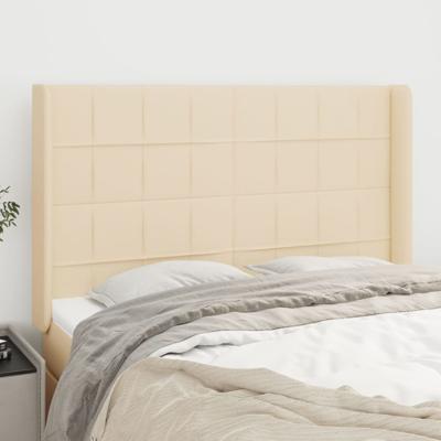 Hoofdbord met randen 147x16x118/128 cm stof crèmekleurig